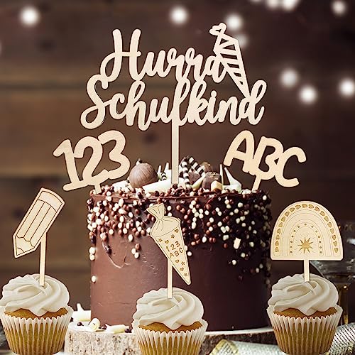 Tortendeko Einschulung, 6 STK Cake Topper Hurra Schulkind Holz Kuchendeko Schulanfang, Zuckertüte ABC 123 Kuchen Deko Schulkind 2023 Mädchen Junge Einschulung Geschenk von Luckeey