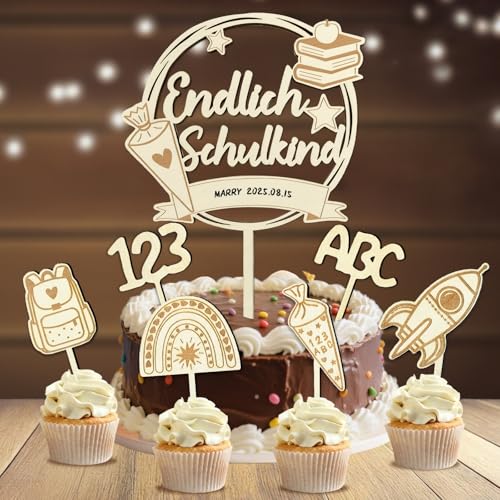 Tortendeko Einschulung, 7 STK Kuchendeko Schulanfang Holz, Endlich Schulkind Kuchen Deko, Zuckertüte ABC 123 Cake Topper, Schulkind 2025 Schulanfang Junge Mädchen Geschenk, Einschulungsgeschenk von Luckeey