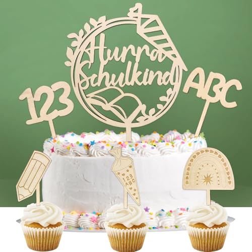 Universelle Tortendeko Einschulung, 6 STK Cake Topper Hurra Schulkind Holz Kuchendeko Schulanfang, Zuckertüte ABC 123 Kuchen Deko Schulkind 2024 Mädchen Junge Einschulung Geschenk von Luckeey