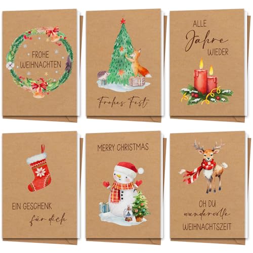 Weihnachtskarten mit Umschlag Set - 12 Stück Karte Weihnachten - A6 Weihnachtskarten Klappkarten aus Kraftpapier - Christmas Cards Weihnachtspostkarten - Lustig Weihnachtskarte für Familie Freund von Luckeey