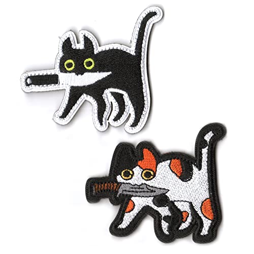 Lucktao 2 Stücke Klett Patch,Katze mit Messer lustige Abziehbilder,Aufnäher Patches Bügelbild Applikation für Mädchen Jungs Aufbügel Patches zum Geeignet für Hüte, Taschen, Rucksäcke, Westen von Lucktao