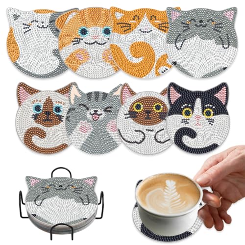 Lucktao 8 Stück Diamond Painting Untersetzer Katzen mit Halter,Diamond Painting Katzen,DIY 5D Katze Untersetzer Diamond Painting,Diamant rutschfest Tassenuntersetze,für Anfänger,Erwachsene Kinder von Lucktao