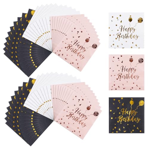 Luckwaii Servietten Geburtstag Happy Birthday Servietten, 60 Stück Geburtstagsservietten Servietten Party Goldfolie Papierservietten Napkins 33x33cm für Geburtstag Party Deko (Rosa, Weiß, Schwarz) von Luckwaii