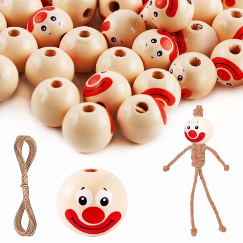 Luckwaii Holzkugeln mit Clown Gesicht 20mm, 50 Stück Lächelndes Gesicht mit 10m Juteband 3mm, Holzkugeln mit Loch Holzperlen Natur für Sorgenwürmchen Glückswürmchen, DIY Clown zum Aufhängen von Luckwaii