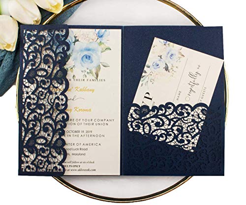 Hochzeitseinladungen, 12,7 x 18,5 cm, Marineblau, Vintage, dreifach gefaltet, Perlpapier, lasergeschnitten, hohl, geschnitzt, Grußeinladungen, nur Umschlag, keine Einlage Hochzeitseinladungen, 12,7 x 18,5 cm, Marineblau, Vintage, dreifach gefaltet, Perlpapier, lasergeschnitten, hohl, geschnitzt, Grußeinladungen, nur Umschlag, keine Einlage von Lucky Star
