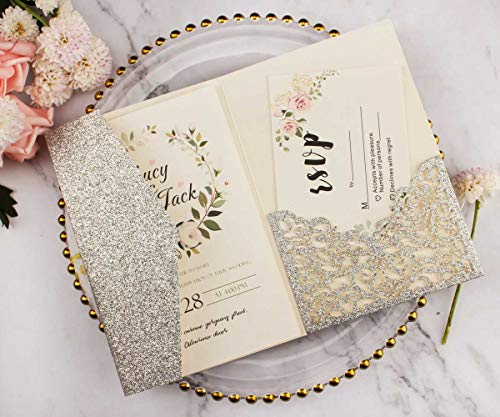 Hochzeitseinladungen, 12.7 x 18.5 cm, silberner Glitzer, dreifach faltbar, Hochzeitseinladungen, Karteneinladungen, Perlen-Papier, nur Umschlag, keine Einlage (silberfarbener Glitzereinband) von Lucky Star