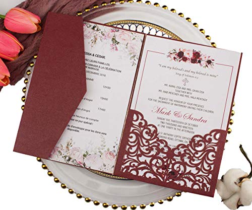 Hochzeitseinladungen mit Umschlägen, 250 g, dreifach gefaltet, mit Laserschnitt, für Hochzeit, Brautparty, Geburtstag, Burgunderrot, 25 Sets Hochzeitseinladungen mit Umschlägen, 250 g, dreifach gefaltet, mit Laserschnitt, für Hochzeit, Brautparty, Geburtstag, Burgunderrot, 25 Sets von Lucky Star