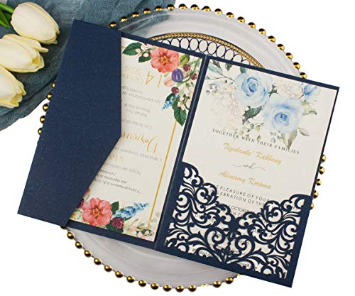Hochzeitseinladungskarten, dreifach gefaltet, 250 g/m², Perlmutt, Marineblau, 25 Sets von Lucky Star