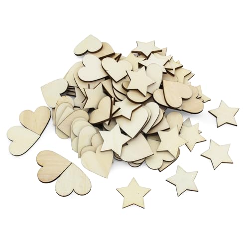 LuckyOpt 100Pcs kleine Holzscheiben, 3cm Dia hölzerne Herz und hölzerne Sterne Embellishments für Crafting DIY, Hand-Painting, Weihnachten, Hochzeit (100) von LuckyOpt