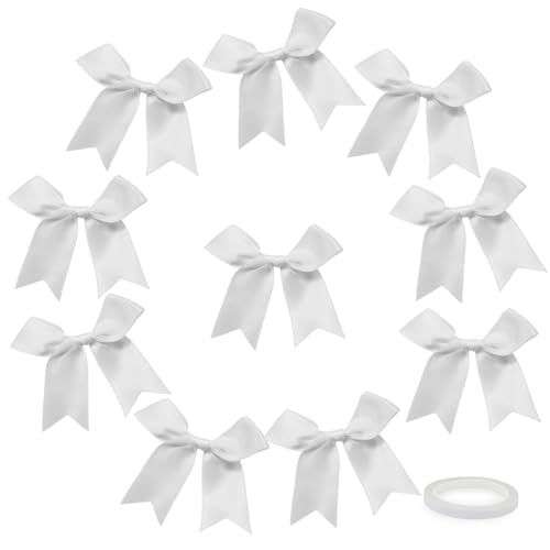 LuckyOpt 50 Stücke Satin Band Bögen, 8.5CM Band Bögen mit Klebeband Nette kleine Band Bögen für Geschenkverpackung Hochzeitsdekoration DIY Handwerk Kartenherstellung Party Weihnachten (Weiß) von LuckyOpt