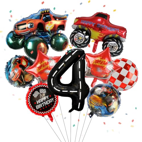 4 Jahre Geburtstagdeco Ballons Rennauto-Wheels Party Kindergeburtstag Dekoration Car Luftballons Geburtstags Banner Zahl 4 Ballon Kuchendek Renngitter Folienballon für 4 Jahre Junge Geburtstag Party von Luclay