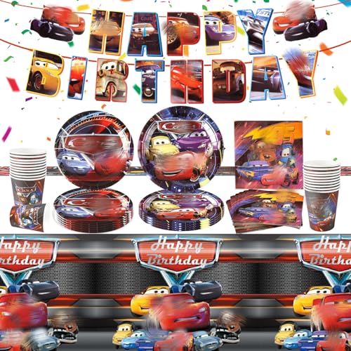 Car Geburtstagdeko Auto Partygeschirr Set Junge-52Pcs Rennauto Pappteller Tischdecke Happy Birthday Banner Kindergeburtstag Geburtstagsdeko Geschirr Teller Servietten Tassen Party Tableware Supplies von Luclay