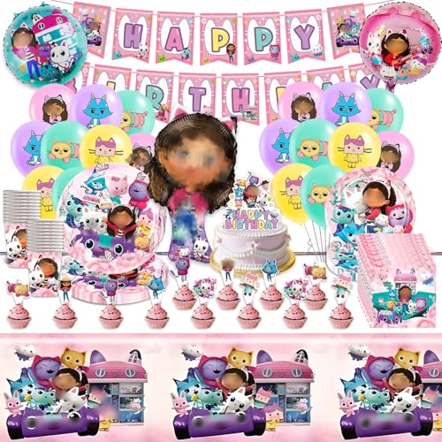 Gaby Pappteller Kindergeburtstag Mädchen- Doll House Luftballons Geburtstag Geschirr Set Katze Ballon Geburtstagsdeko Partygeschirr Tischdecke Pappteller Banner Teller Servietten Party Supplies Deko von Luclay