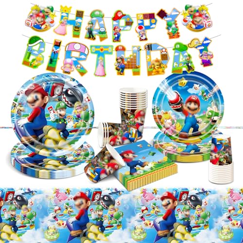 Geburtstag Deko Partygeschirr Kinder-52Pcs Bros Pappteller Tischdecke Banner Kindergeburtstag Junge Mädchen Geburtstags Geschirr Birthday Party Tableware Supplies Kit Teller Servietten Tassen von Luclay