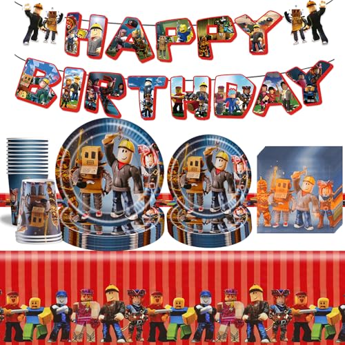 Robl Pappteller Kindergeburtstag Deko Junge- Roblx Geburtstag Geschirr Set Geburtstagsdeko Partygeschirr Tischdecke Pappteller Tischdecke Banner Teller Servietten Tassen Party Tableware Supplies Deko von Luclay