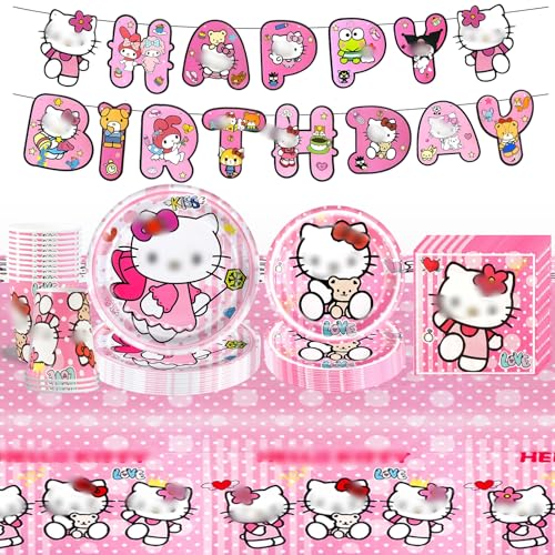 Pappteller Kindergeburtstag Mädchen- Kity Geburtstag Geschirr Set Geburtstagsdeko Partygeschirr Tischdecke Pappteller Tischdecke Birthday Banner Teller Servietten Tassen Party Tableware Supplies Deko von Luclay