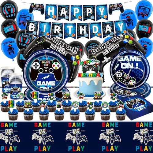 Party Geburtstags Deko Gamer-83Pcs Videospiel Ballons Geschirr Pappteller Tischdecke Banner Geburtstags Birthday Cake Topper Tableware Supplies Servietten Tassen für Kindergeburtstag Junge Mädchen von Luclay