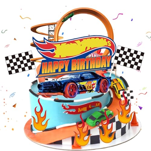 Torte ndeko Jungen Car- Hot Whels Kuchen Deko Kindergeburtstag Rennwagen Tortendeko Auto Sportwagen Cake Topper Set Happy Birthday Cupcake Topper für Kinder Geburtstag Party Kuchen Dekoration Supplies von Luclay