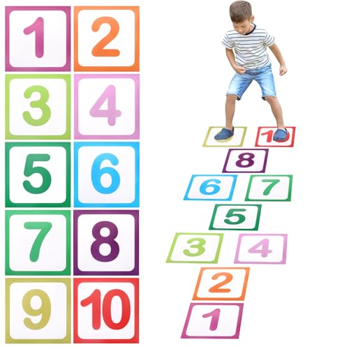 Lucxhcky 10 Nummer Gitter Fußboden Wandtattoo, Bunt Regenbogen Puzzle Hopscotch Spiel Wandaufkleber, DIY Hopse Spiel Wandaufkleber Bodenaufkleber Wasserdichtes PVC für von Lucxhcky