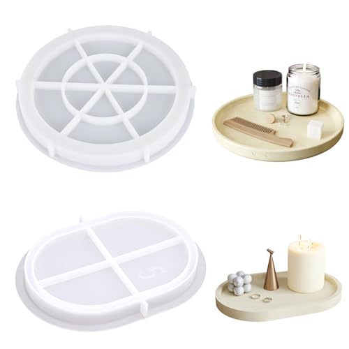 Lucywey 2-in-1 Silikonform Tablett Set (2 Stück) – Rund & Oval mit Rillen für Epoxidharz & Betonformen, DIY Gießformen als Dekorative Ablageform zur Tischgestaltung (21.1cm + 16.5cm) von Lucywey
