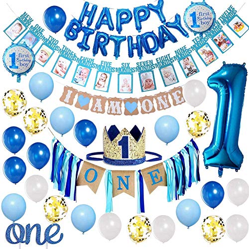 Baby Boy 1 Geburtstag Dekorationen und Fotobanner 0-12 Monate, Erster Geburtstag Kuchen Topper Happy Birthday Luftballons Banner, Luftballons Party Dekorationen von Ludkyby