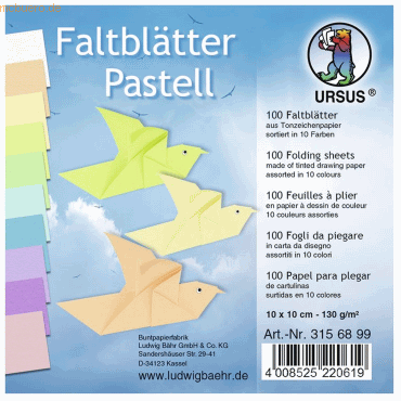 Ludwig Bähr Tonpapier-Faltblätter 130g/qm Pastellfarben 10x10cm VE=100 von Ludwig Bähr