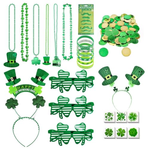 Luejnbogty Grüne St. Patricks Day Dekorationen mit Grünen Brillen, Halsketten, Stirnbändern, Armbändern, Münzen, Tattoos und Aufklebern Set Kit für St. Patricks Day von Luejnbogty