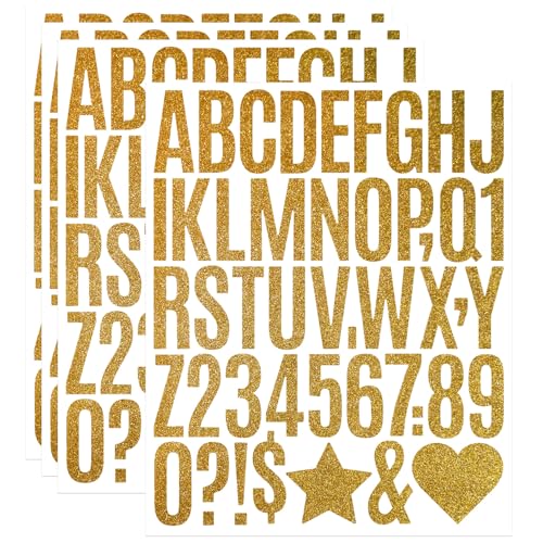 188 Stücke Buchstaben Nummer Aufkleber,4 Blätter 2 Zoll Selbstklebendes Glitzer Buchstaben Punzierung Kit für Postfach,Schilder,Scrapbook, DIY und Basteln - Gold von LuenHego