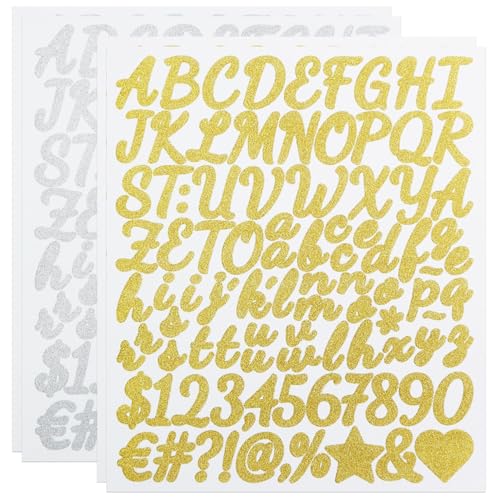 192 Stücke Buchstaben Aufkleber, Glitzern und Funkeln Selbstklebendes Vinyl Buchstaben Zahlen Aufkleber Kit für Schilder, Scrapbook, Adressennummer - Gold&Silber von LuenHego