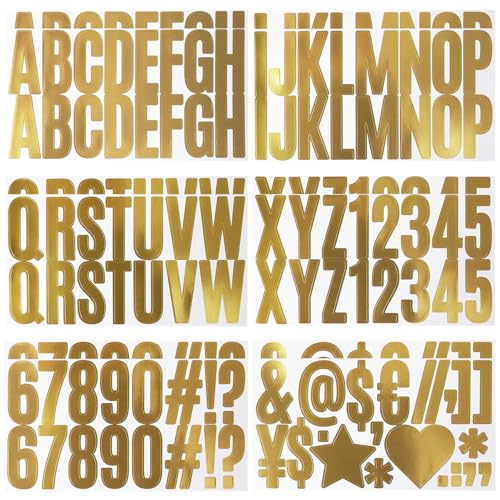 Buchstaben Aufkleber 12 Blätter Selbstklebende Buchstaben mit Zahlen Symbolen Aufkleber, 6.35cm Klebebuchstaben Groß Vinyl Buchstaben Sticker für Briefkästen, Plakatwand, Kunsthandwerk, Gold von LuenHego