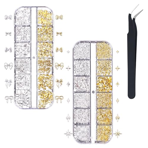 2 Pcs Metall Schleife Nail Charms Gold Silber Stern Schleifen Nail Charms Strasssteine Metall Nagelkunst Dekorations Pinzette mit gebogener Spitze für Nageldesign Zubehör von Lufdegim