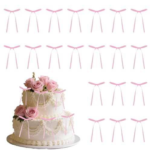20 Stück Schleifen-Kuchenaufsätze, Schleifenband, Kuchendekorationen für Geburtstag, Hochzeit, Jahrestag, Party (Hellrosa) von Lufdegim