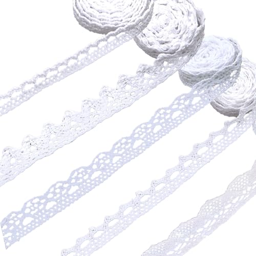 5 Rollen Lace Ribbon Weiß Spitzenband Vintage Baumwolle Dekoratives Gurtband, Dekoband Spitzenstoff Spitzenborte für Nähen DIY Handwerk, Hochzeit Dekorationen, Geschenkboxen 5 Rollen Lace Ribbon Weiß Spitzenband Vintage Baumwolle Dekoratives Gurtband, Dekoband Spitzenstoff Spitzenborte für Nähen DIY Handwerk, Hochzeit Dekorationen, Geschenkboxen von Lufdegim