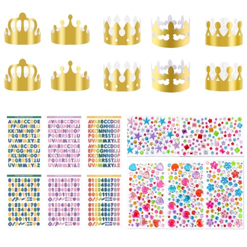 Lufdegim 10 Stück Papier Krone Partyhüte, Geburtstagskrone mit 6 Blätter Selbstklebende Strasssticker und 6 Blätter Alphanumerische DIY Krönchen für Prinzessin Prinz Geburtstagsfeier Party von Lufdegim
