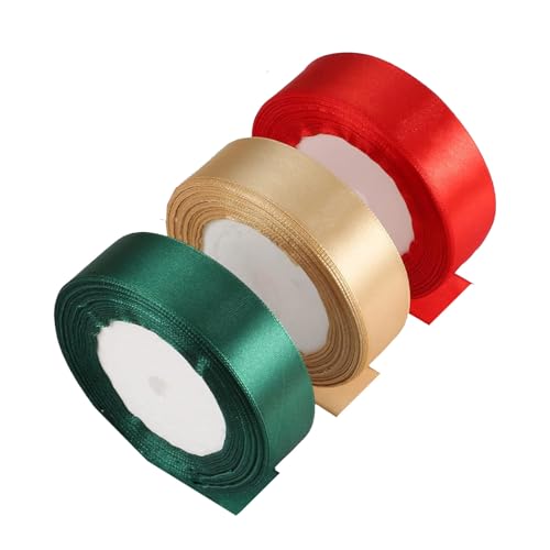 Satinband, 22 m x 25 mm, dekorativ, 3 Rollen, breite Satinschleife, Geschenkband, Dekoration, Band für Handwerk, Hochzeit, Weihnachten, Verpackung, Kuchen, Party, Geburtstag (rot, grün, gold) von Lufdegim