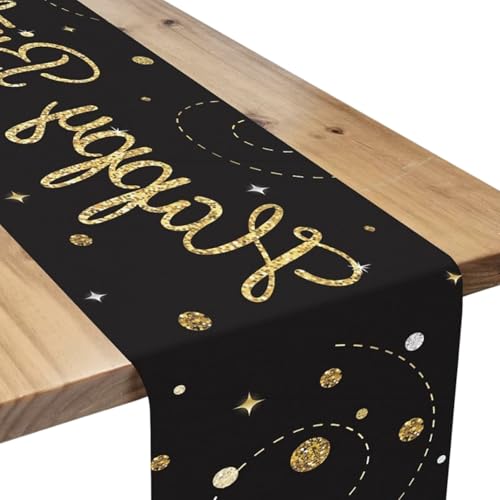 Tischläufer Geburtstag, Happy Birthday Tischdecke Geburtstag Schwarz Gold Tischdeko Für Party Geburtstagsdeko 180 x 35 cm von Lufdegim