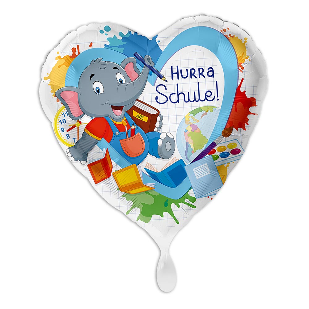 Ballon Einschulung "Hurra Schule", Motiv Elefant, Herzförmiger Folienballon von Luftballon-Markt GmbH
