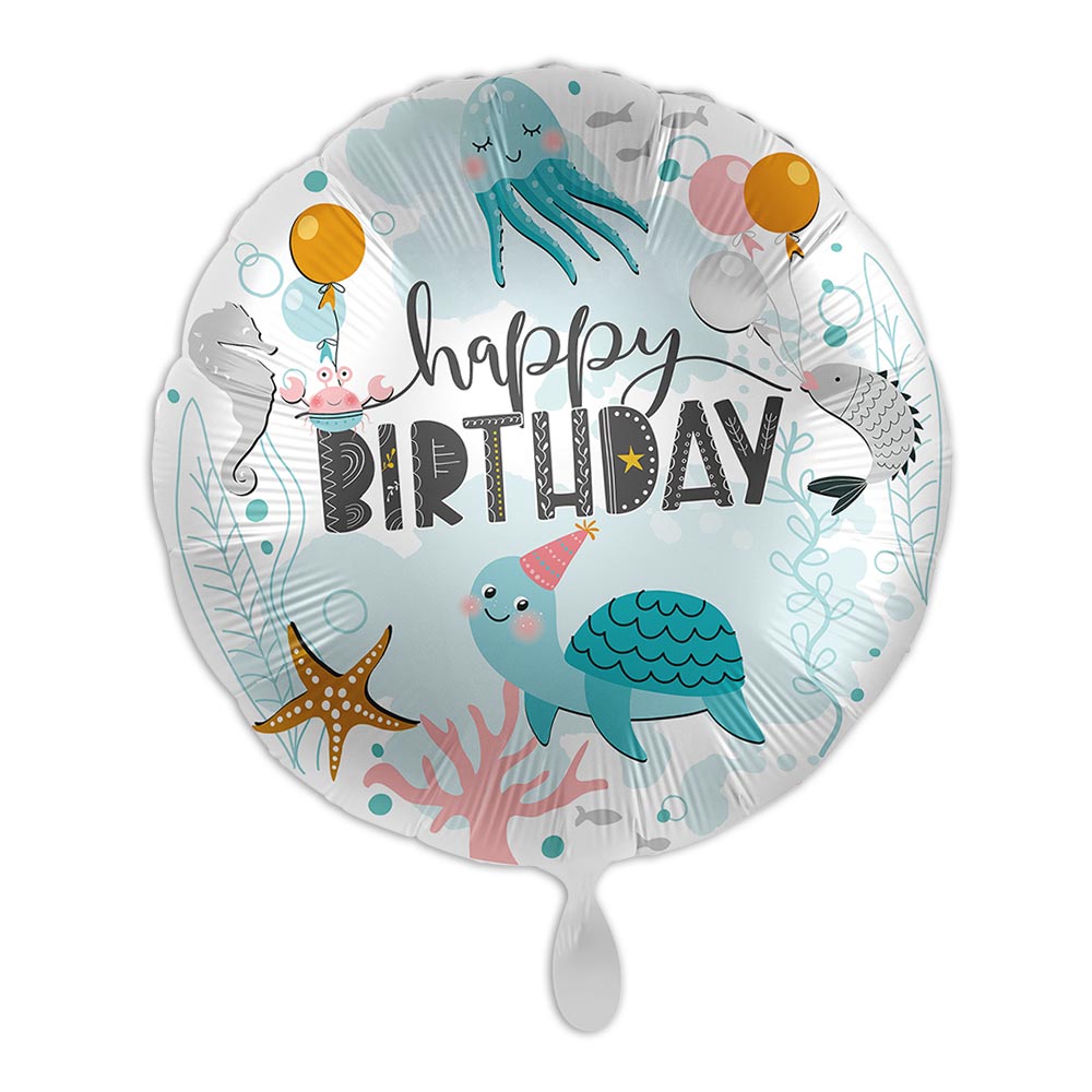 "Happy Birthday", Unterwasserwelt, Folienballon rund Ø 34 cm von Luftballon-Markt GmbH