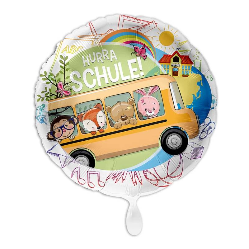Ballon Einschulung"Hurra Schule!" Motiv Schulbus, Heliumballon rund Ø 34 cm von Luftballon-Markt GmbH
