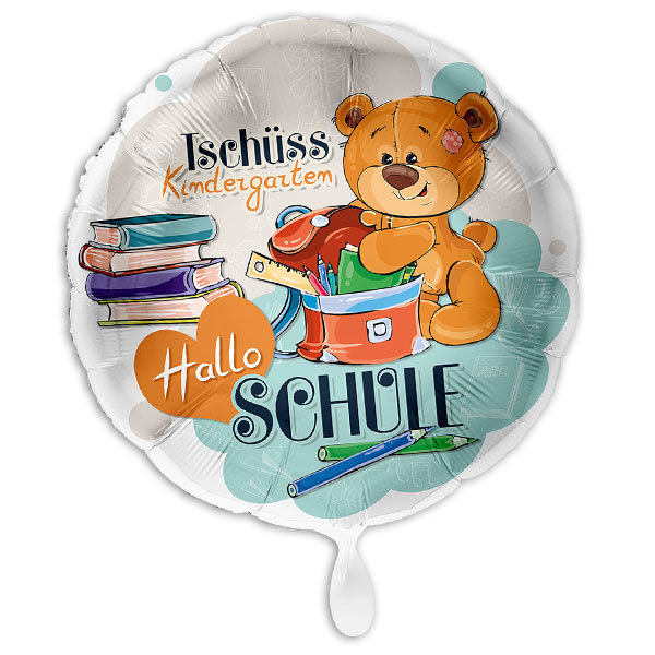 "Tschüss Kindergarten, Hallo Schule", Folienballon mit Teddy-Motiv, Ø 34cm von Luftballon-Markt GmbH