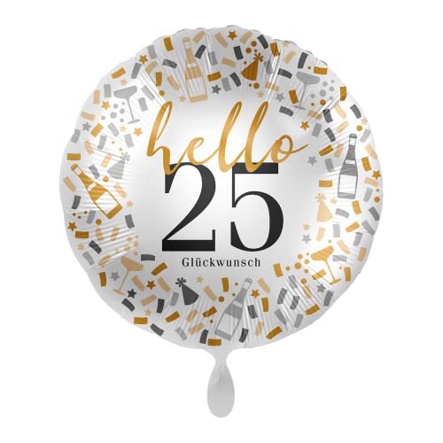 1 Folienballon Hello 25 Geburtstag Happy Birthday rund Satin silber schwarz gold 43 cm ungefüllt Ballongas geeignet von Luftballon-Markt