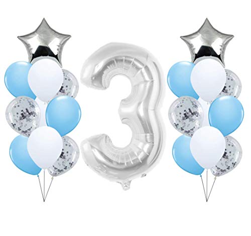 XXL Ballon Set Zahlenballon in Silber 32inch / 81cm Zahl 3 mit Helium Gas befüllbar Ballon Folienballon Zahl 0 1 2 3 4 5 6 7 8 9 Number Silber + Sternbeallon + Konfetti (3) von Luftballon