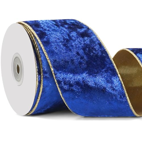 Blaues drahtgebundenes Samtband für Geschenkverpackungen, 6,3 cm × 9,1 m breit, blaues und goldenes Band für Weihnachtsbaumschmuck, Topperschleife, Vintage-Samtband für Girlande, Heimdekoration Blaues drahtgebundenes Samtband für Geschenkverpackungen, 6,3 cm × 9,1 m breit, blaues und goldenes Band für Weihnachtsbaumschmuck, Topperschleife, Vintage-Samtband für Girlande, Heimdekoration von Lugailly