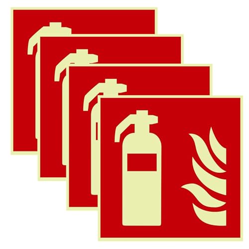 Luimode 4st Schild Feuerlöscher langnachleuchtend | PVC selbstklebend 150x150mm nachleuchtend Hinweis Piktogramm Symbol Feuerlöscherkasten für Haus, Büro, Baustelle und Auto von Luimode