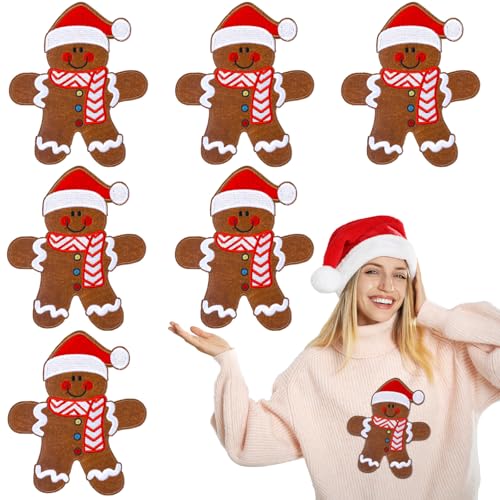 Luinabio 6 Stück 17,8 cm große Weihnachts-Bügelbilder, Lebkuchen, Applikationen, Stickerei-Flicken für Kleidung, Jeans, Hut, Pullover, Jacke, Tasche, Zubehör, DIY von Luinabio