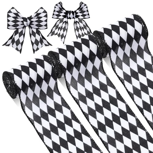 Luinabio Harlekin-Band, kariert, dekorativ, für Weihnachten, Herbst, Baumwickeln, Kranz, Blumenstrauß, Basteln, 3 Rollen, 3 Rollen (klassischer Stil, 13,7 m x 7,6 cm) von Luinabio