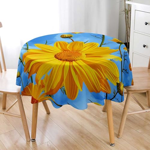 Lukery Rund Tischdecke, 3D Gänseblümchen Tischdecke Abwaschbar Splash and Stain Tischtuch, Resistant Gartentischdecke Tisch Schutz für Speisesaal, Küche (Blau Gelb,130cm) von Lukery