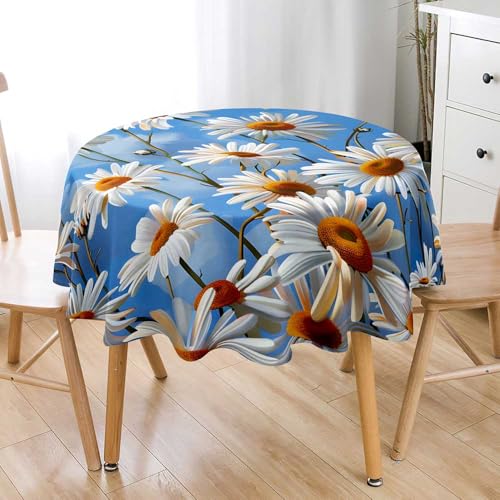 Lukery Rund Tischdecke, 3D Gänseblümchen Tischdecke Abwaschbar Splash and Stain Tischtuch, Resistant Gartentischdecke Tisch Schutz für Speisesaal, Küche (Blau Weiß,130cm) von Lukery