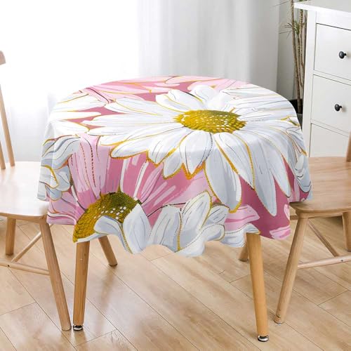 Lukery Rund Tischdecke, 3D Gänseblümchen Tischdecke Abwaschbar Splash and Stain Tischtuch, Resistant Gartentischdecke Tisch Schutz für Speisesaal, Küche (Rosa Weiß,180cm) von Lukery