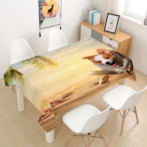 Lukery Tischdecke Rechteckig, 3D Welpe Outdoor Tischdecke, Polyester Haben Lotuseffekt, Abwaschbare Tischtuch, Gartentischdecke, für Esszimmer/Geburtstag (Welpe und der Strand,150x210cm) von Lukery